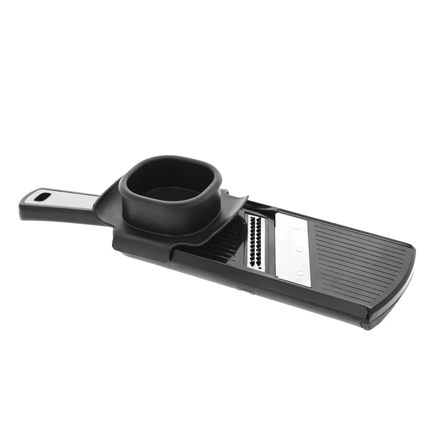 Holm mandolin i sort plast og stål med fingerbeskyttelse for en sikker kutteopplevelse.