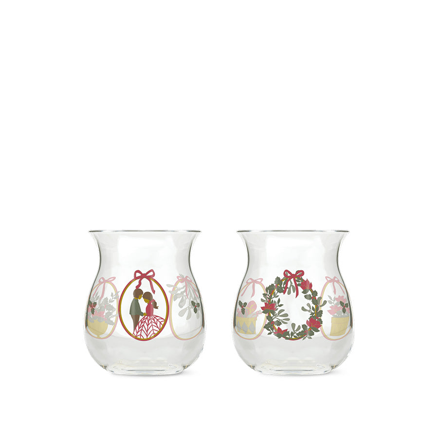 Holmegaard Christmas Julelyslykt 2025, 2-pakning med julemotiv, designet av Jette Frölich, høyde 7,5 cm, perfekt for borddekkingen.