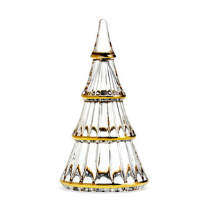 Elegant juletre i klart glass med håndmalte gulldetaljer, 19 cm høyt, fra Holmegaard Fairytales. Perfekt julepynt for moderne og tradisjonelle hjem.