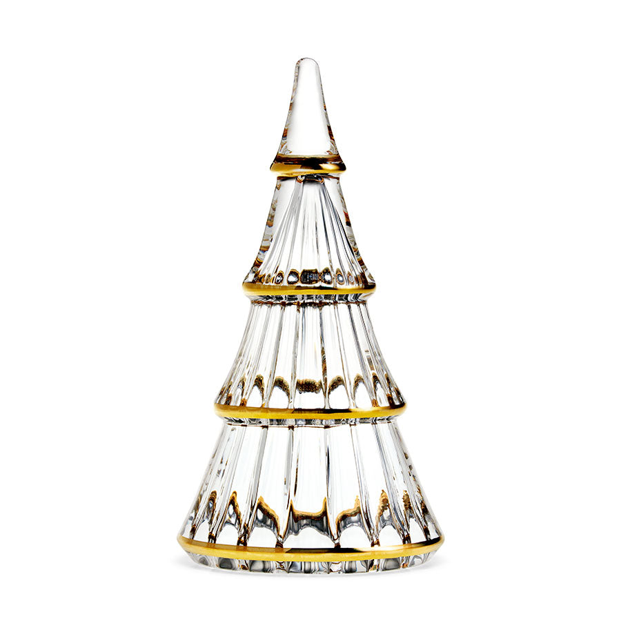 Elegant juletre i klart glass med håndmalte gulldetaljer, 19 cm høyt, fra Holmegaard Fairytales. Perfekt julepynt for moderne og tradisjonelle hjem.