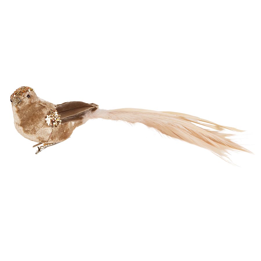 Julepynt Fugl med  Fjær og Glitter 21cm m/Klype Beige