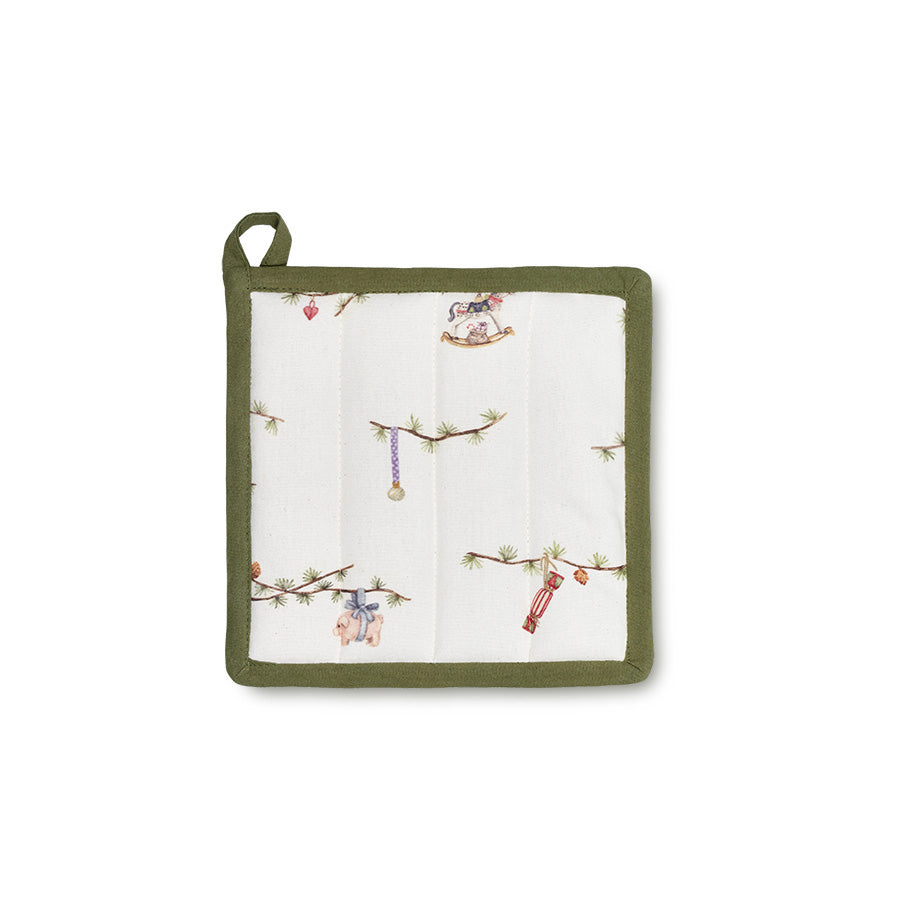 Kähler Hammershøi Christmas gryteklut 22x22 cm med nostalgisk julemotiv, grønne kanter og opphengshempe