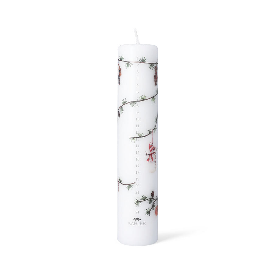 Hammershøi Jul kalenderlys for julefeiring, dekorert med nostalgiske julemotiver og tall fra 1 til 24, designet for å skape stemning i adventstiden.