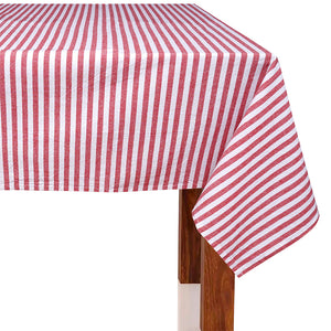 Rødstripet Lino duk i 160 x 250 cm lagt over et spisebord
