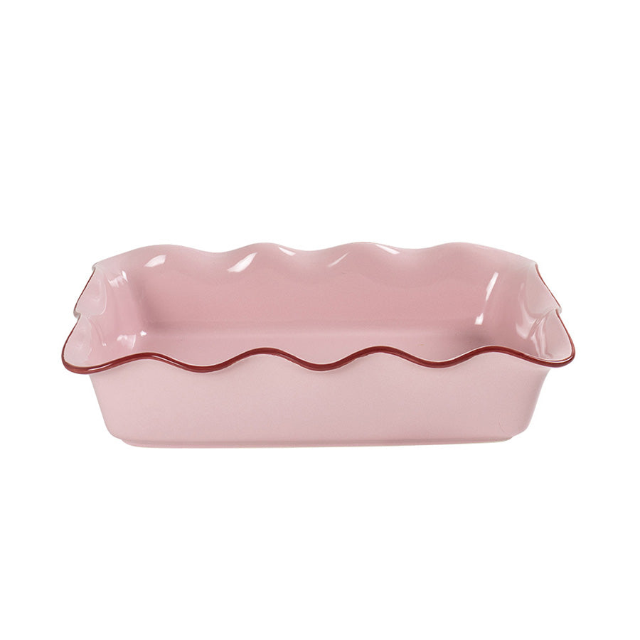 Seasons Love Collection ildfast form rektangulær 29x19cm 2L rosa med bølgete kant og mørk kontrastlinje.