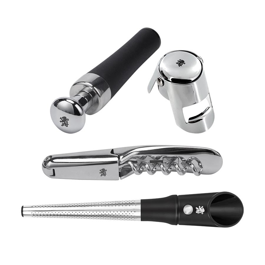 Settet med 4 vinsett verktøy fra Løve, inkludert vinpropp, champagneåpner, korketrekker og sil. Designet for optimale vinsmakingopplevelser.