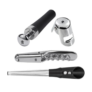 Settet med 4 vinsett verktøy fra Løve, inkludert vinpropp, champagneåpner, korketrekker og sil. Designet for optimale vinsmakingopplevelser.