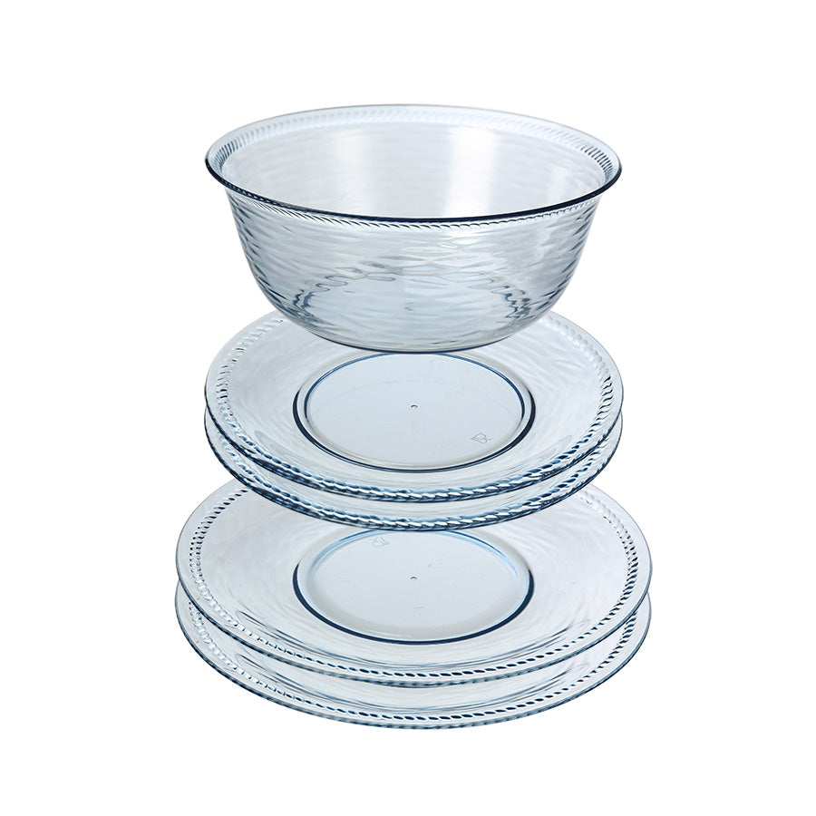 Seasons Marine Serveringssett 5 Deler Akryl - Inneholder 2 middagstallerkener, 2 lunsjtallerkener og 1 romslig serveringsbolle med bølgemønster.