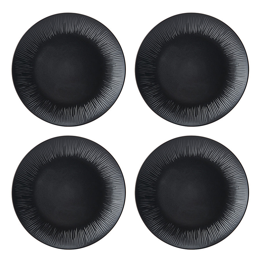 Fire middagstallerkener fra Mikasa Middagsservise Jardin Midnight 12 Deler Sort, designet med unike, organiske mønstre i en luksuriøs svart finish.