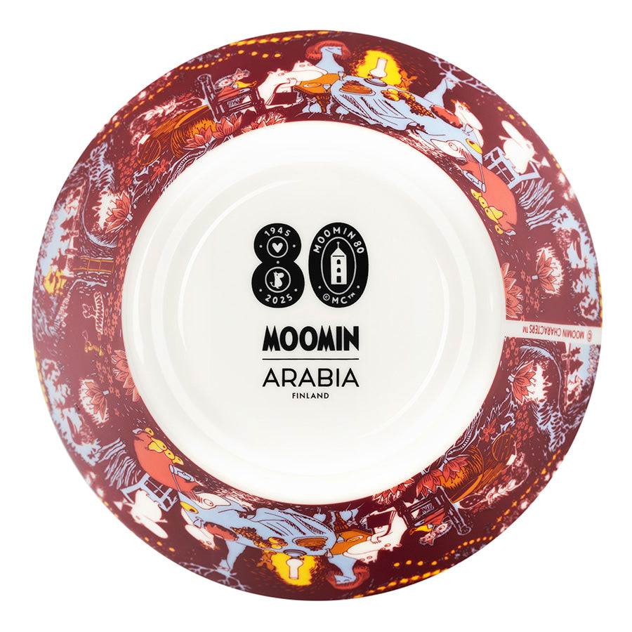 Bunnen av Mummi bolle fra Moomin Arabia, viser detaljert design og jubileumsmerke fra 80-årsjubileet til Mummitrollet.