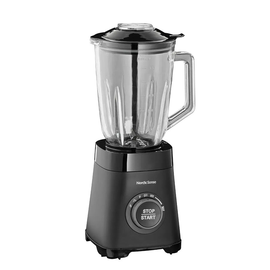 Nordic Sense blender med glasskanne og kontrollpanel, kraftig 1000W motor og moderne svart design.