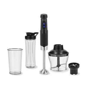 Nordic Sense stavmikser sett med mikser, minihakker, miksebeger og smoothieflaske i svart design, perfekt for hverdagskjøkken.