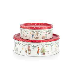 Norgesglasset rund kakeboks i 2-pakning med nostalgiske julemotiver, vist i to størrelser