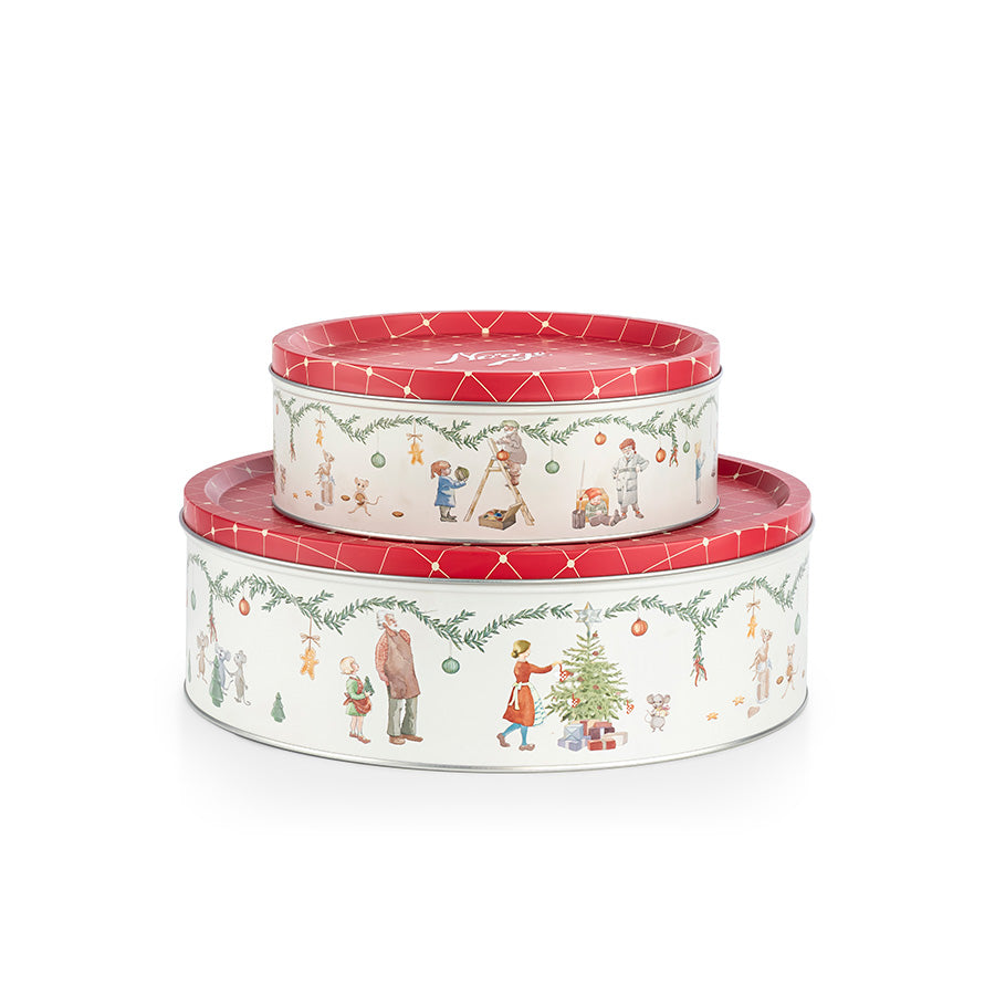 Norgesglasset rund kakeboks i 2-pakning med nostalgiske julemotiver, vist i to størrelser
