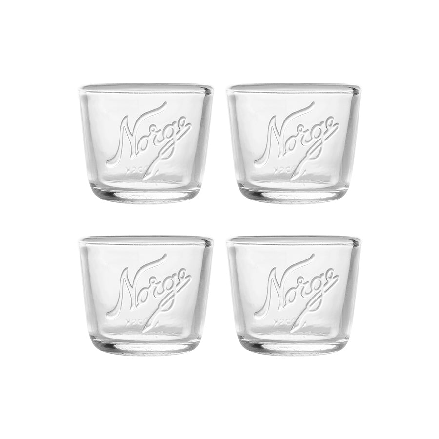 Norgesglasset Eggeglass 4 pk - Fire klare eggeglass med Norge-logo, ideelle for frokost og servering.