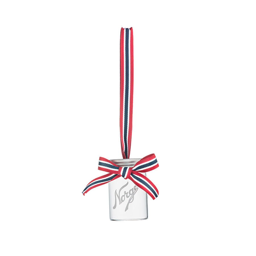 Norgesglasset Mini Ornament med rødt, hvitt og blått bånd på hvit bakgrunn