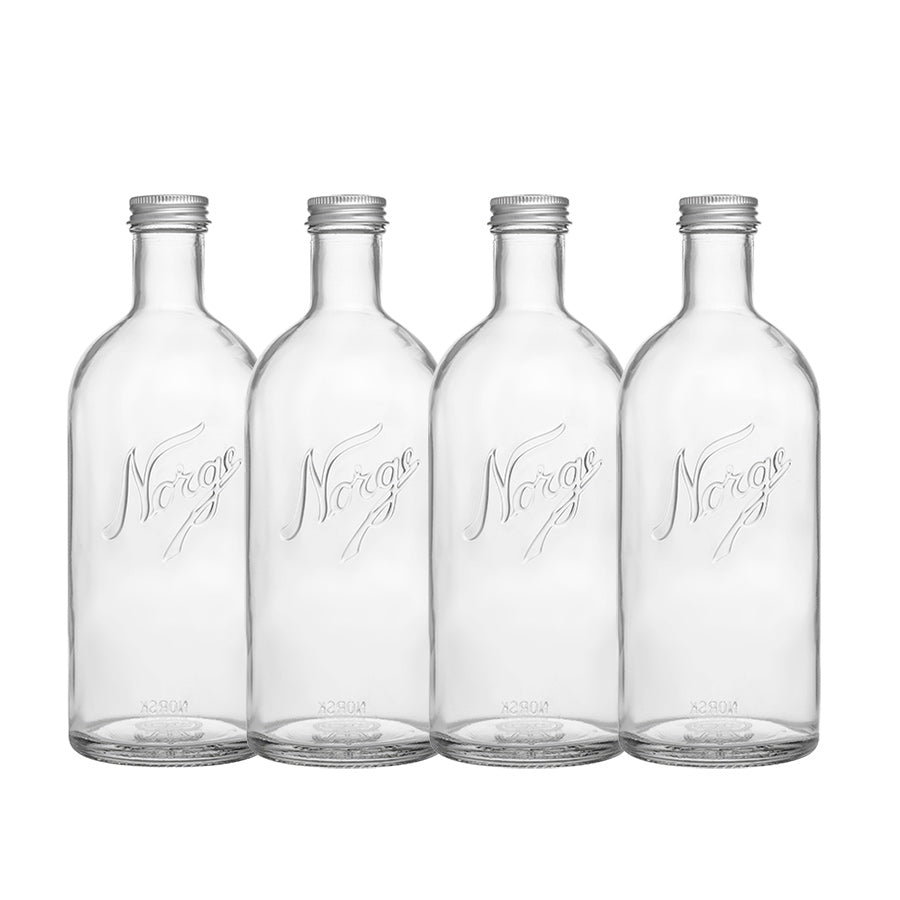 Norgesglasset Norgesflasken 750ml 4pk, fire glassflasker med klassisk design, perfekt for oppbevaring av hjemmelagde drikker.