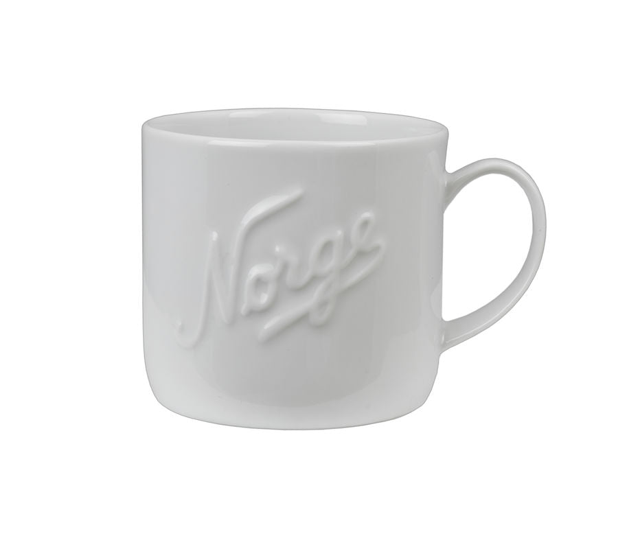 Norgeskoppen fra NORGESGLASSET med logoen 'Norge' trykket på siden, laget av porselen, perfekt for kaffe og te.
