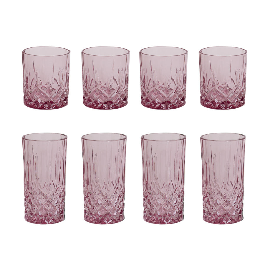 Sett med 8 rosa glass, inkludert 4 whiskyglass og 4 longdrinkglass, med karakteristisk krystallmønster, perfekt for både hverdagsbruk og festlige anledninger.