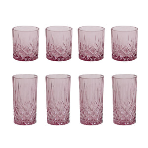 Sett med 8 rosa glass, inkludert 4 whiskyglass og 4 longdrinkglass, med karakteristisk krystallmønster, perfekt for både hverdagsbruk og festlige anledninger.