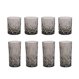 NOVA Nova Dynamic Drinkglass Sett 8pk Grå - fire whiskyglass og fire longdrinkglass i elegant grått design med krystallmønster, ideelt for enhver anledning.