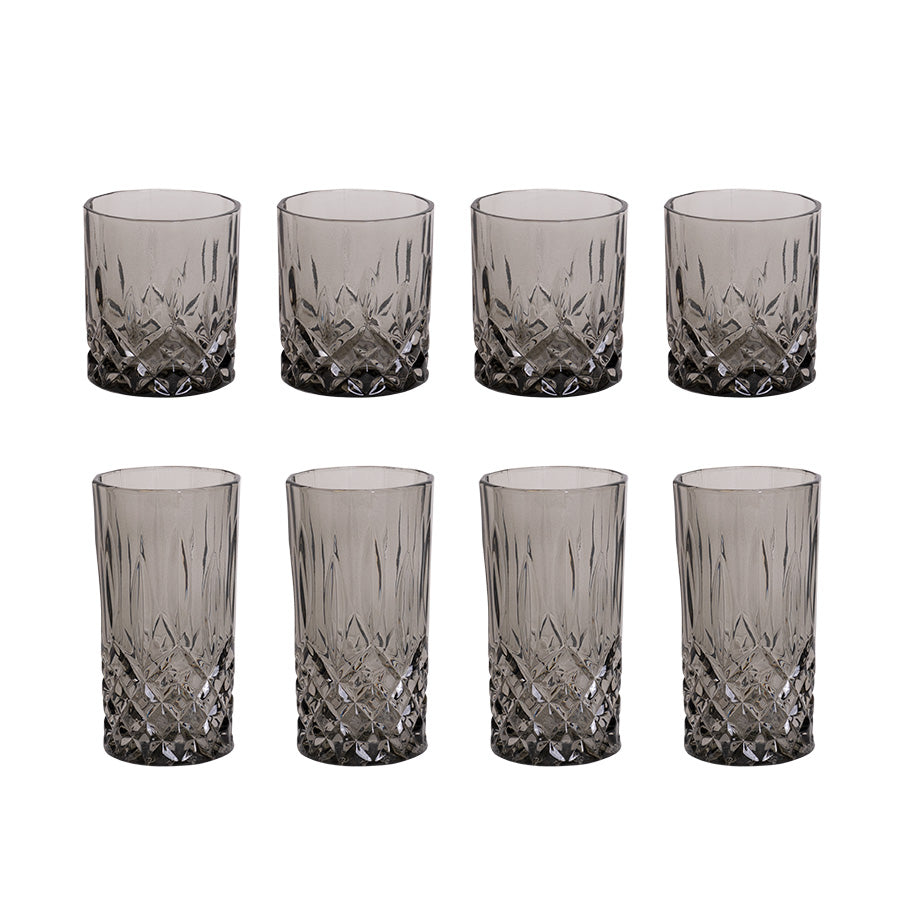 NOVA Nova Dynamic Drinkglass Sett 8pk Grå - fire whiskyglass og fire longdrinkglass i elegant grått design med krystallmønster, ideelt for enhver anledning.