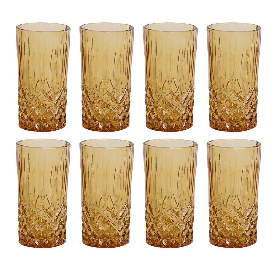 Sett med 8 amberfargede longdrinkglass fra Nova Dynamic, perfekt for servering av cocktails og drikker til enhver anledning.