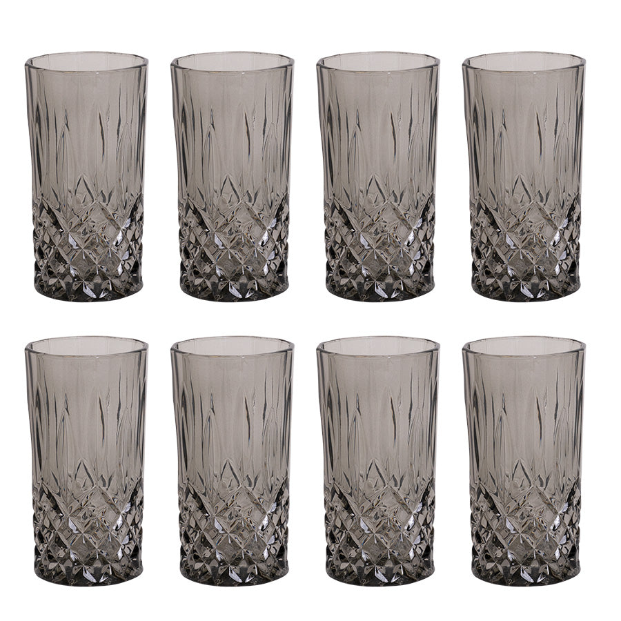 Sett med 8 stilige grå longdrinkglass med klassisk krystallmønster, perfekt for servering av drinker til enhver anledning.