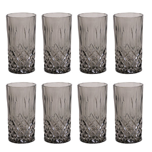 Sett med 8 stilige grå longdrinkglass med klassisk krystallmønster, perfekt for servering av drinker til enhver anledning.