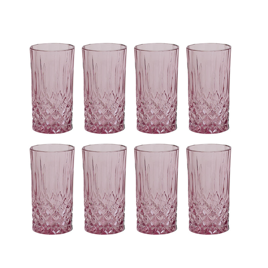 Sett med 8 rosa lange drikkeglass fra Nova med krystallmønster, klart for servering, perfekt for både hverdags- og festbruk.