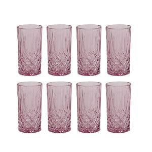 Sett med 8 rosa lange drikkeglass fra Nova med krystallmønster, klart for servering, perfekt for både hverdags- og festbruk.