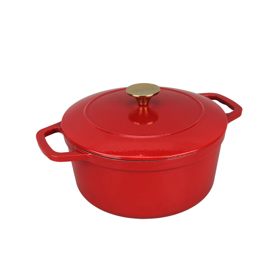 Rød emaljert støpejernsgryte fra NOVA DYNAMIC med lokk og gullfarget knott, 4,3 liter og 24 cm