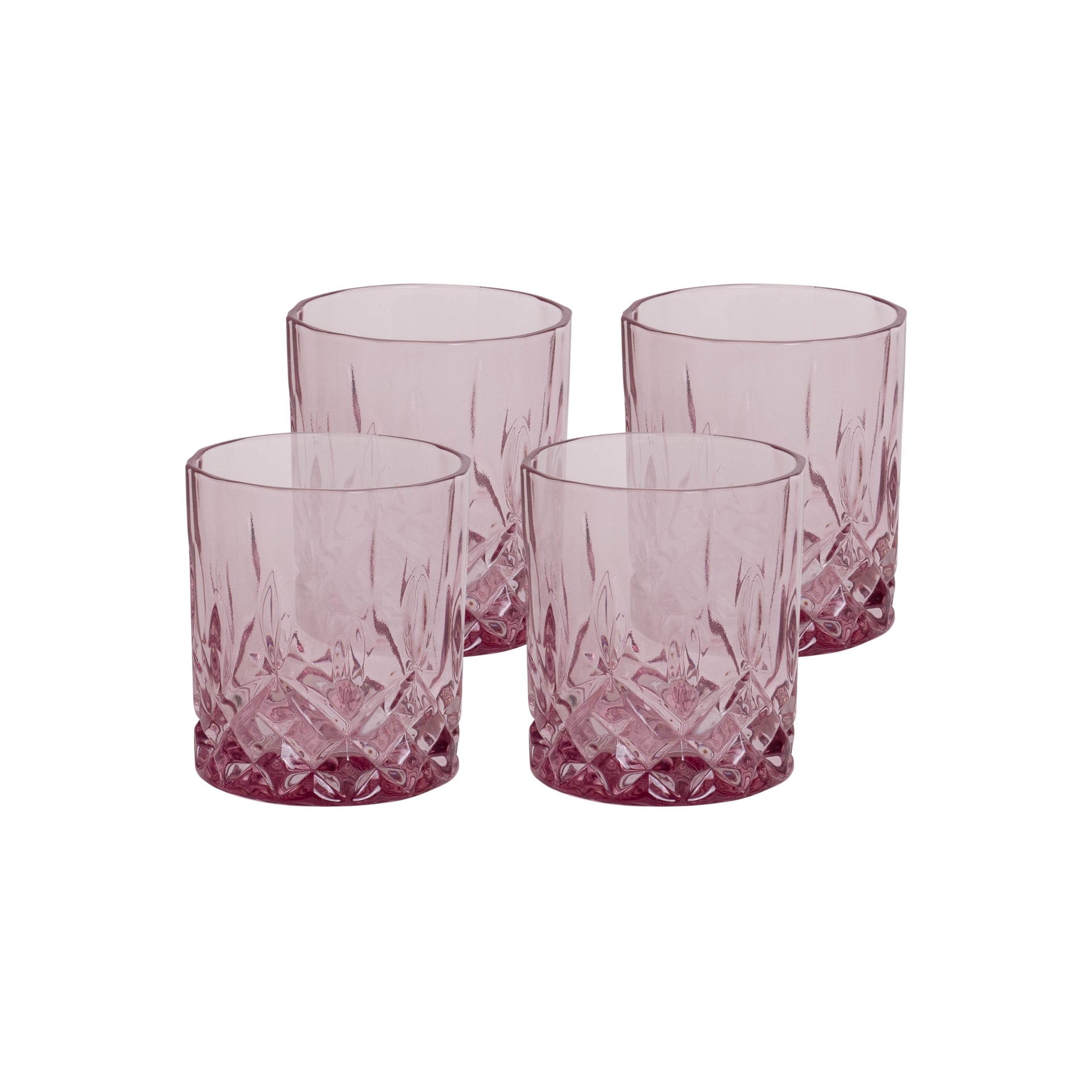 Sett med 4 rosa whiskyglass i krystallmønster, ideelt for servering av drinker.