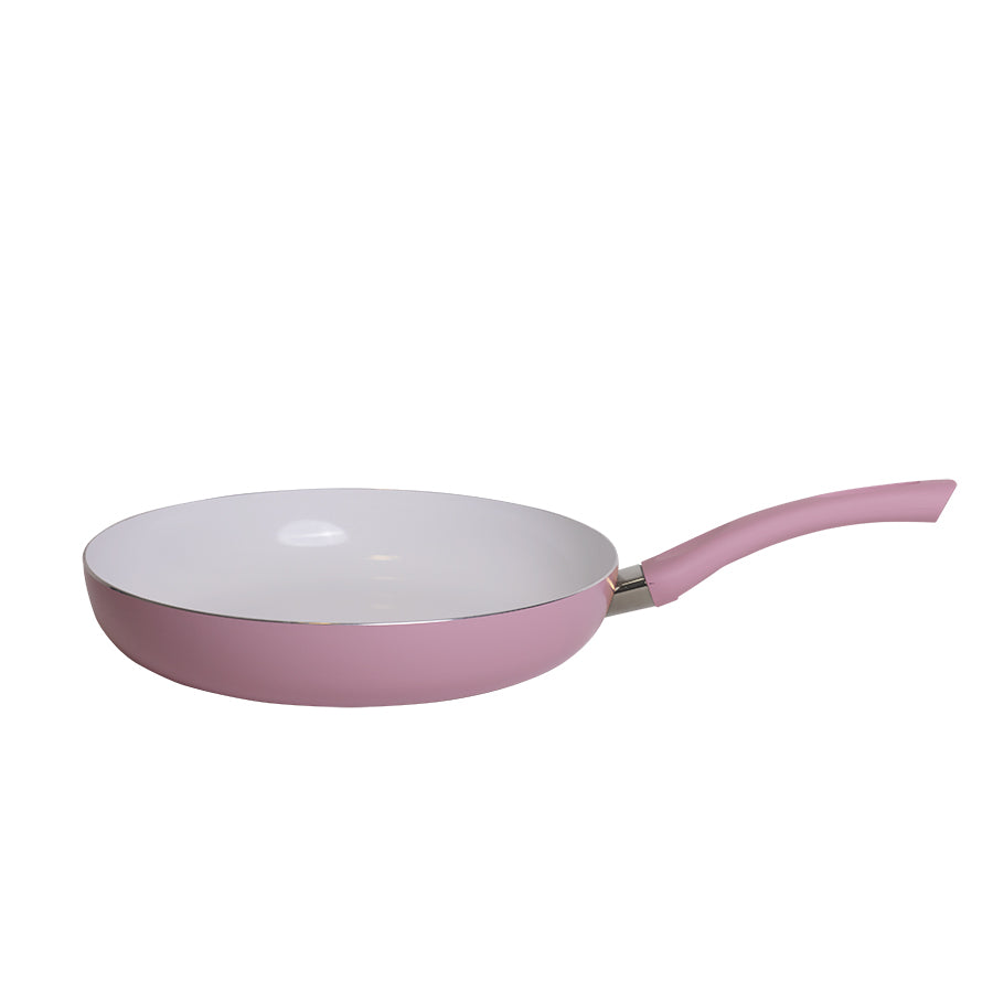 Rosa keramisk stekepanne 28 cm med hvit innside, perfekt for helsebevisst matlaging.