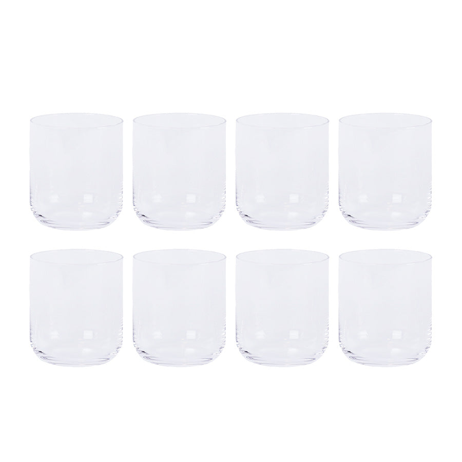 Sett med 8 klare vannglass fra Nova Nordic, minimalistisk design og praktisk størrelse, perfekt for vann, juice og kalde drikker.