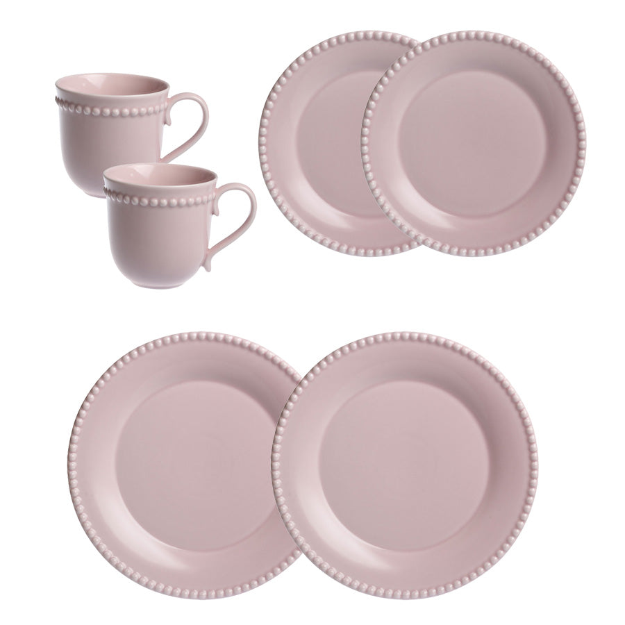 Nova Poppy servisesett for 2 med krus og asjetter i delikat pudderrosa, perfekt for romantiske middager og koselige frokoster. Servisesett med elegant perlekant og matt finish.