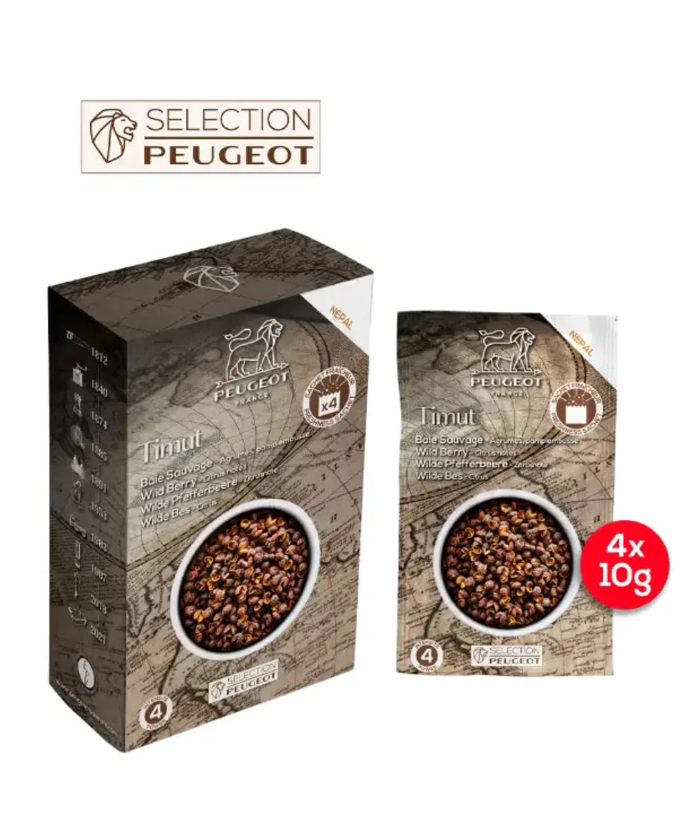 Bilde av Peugeot Timut VillPepper 40g emballasje med detaljerte beskrivelser. Inneholder hele pepperkorn av Timut villpepper fra Nepal, kjent for sin sitrusaktige smak og aroma, perfekt til kverning for optimal smak.