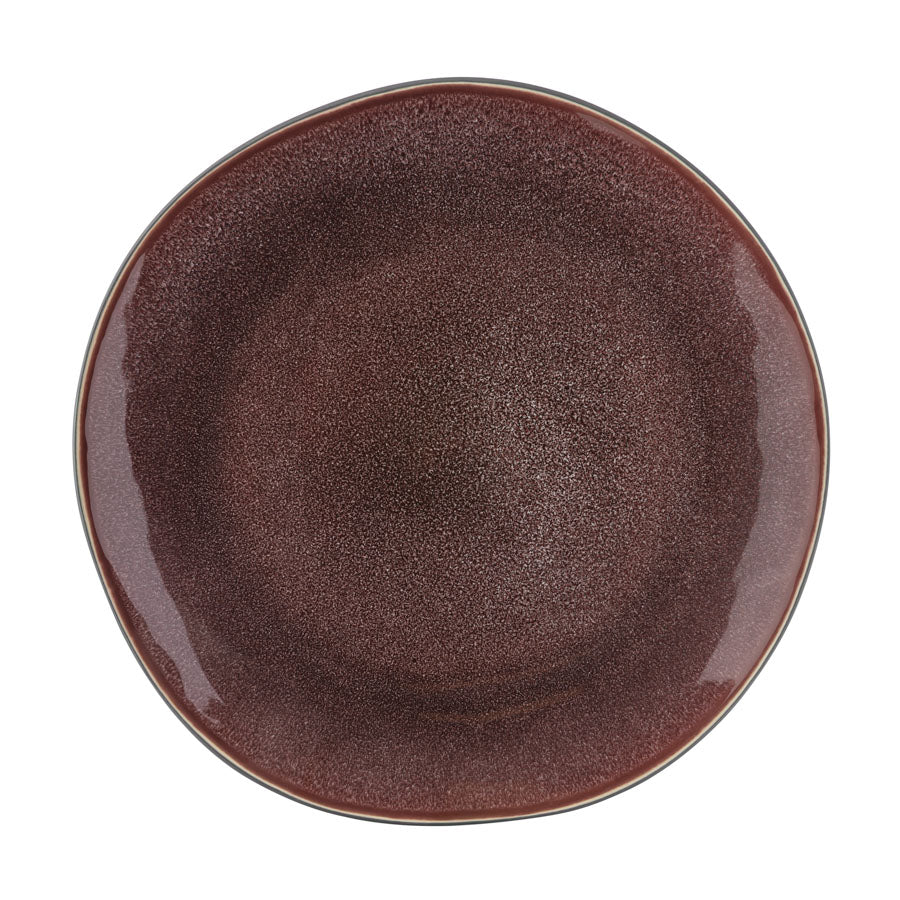 Oversikt av Porsgrunds Porselænsfabrik tallerken i burgunder farge, 26 cm, med håndlaget tekstur, ideell for middagservering.