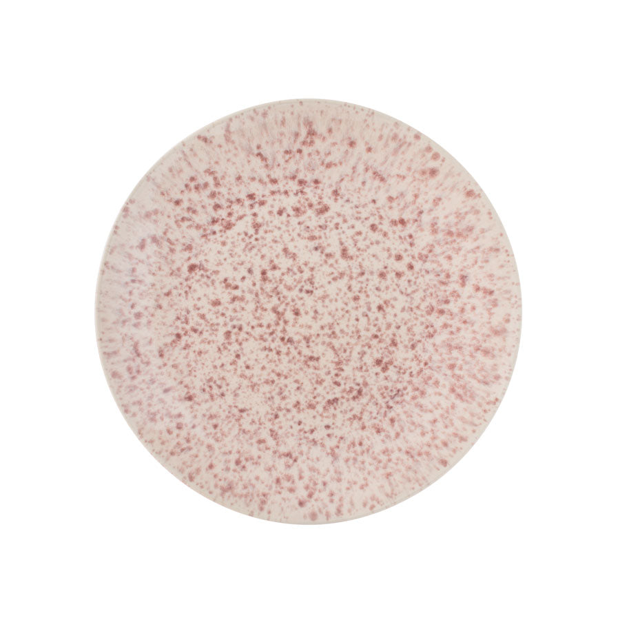 Porsgrunds Porselænsfabrik tallerken 21 cm i lyse rosa og burgunder med spettet glasur, perfekt til frokost og småretter.