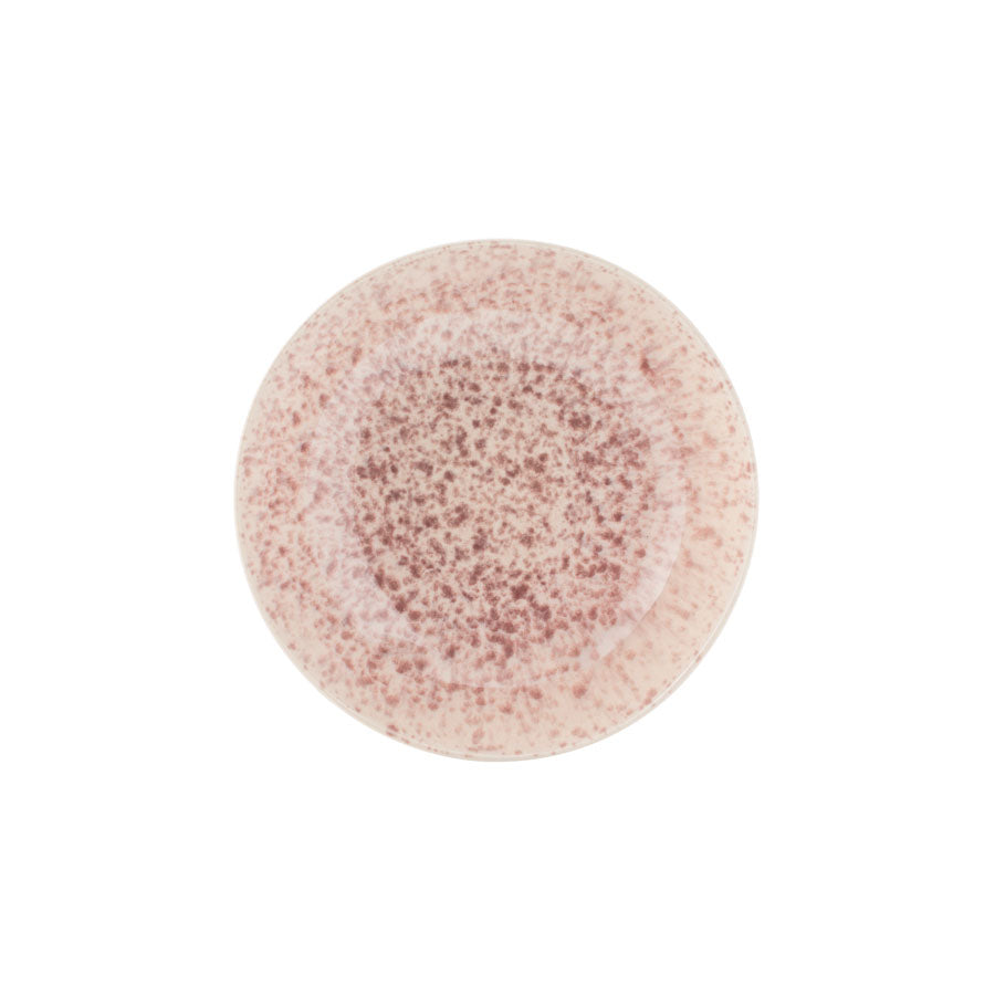 Overside av dyp tallerken med naturlig variasjon i rosa-burgunder glasur, perfekt til servering av småretter.