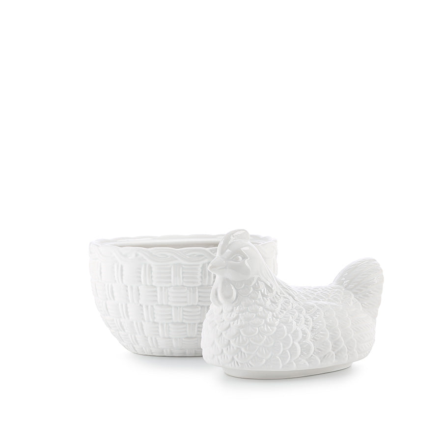 Elegant påske høne i hvitt porselen med flettet kurv-design, ideell for dekorasjon eller oppbevaring av småting.