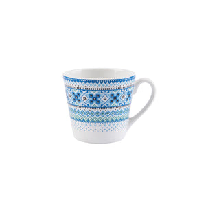 Stilig blått krus fra Porsgrunds Porselænsfabrik, perfekt til kaffe eller te, med tradisjonelt strikkemønster.