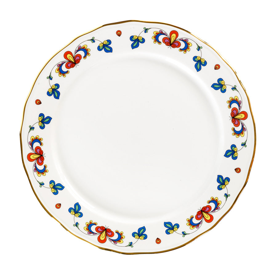Porsgrunds Bondemønster gourmet tallerken 30 cm med fargerike blomster og dekorativ gullkant