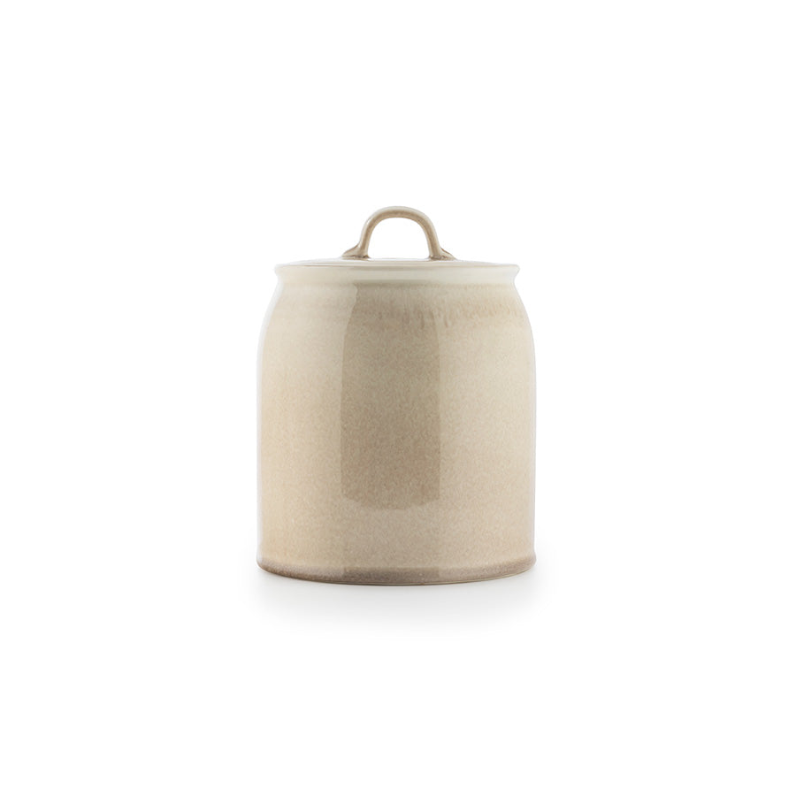 Porsgrunds Porselænsfabrik Ellie krukke med lokk i fargen Latte, 17 cm høy, håndlaget med reaktiv glasur som gir unike nyanser, perfekt for oppbevaring av kaffe, te eller snacks.