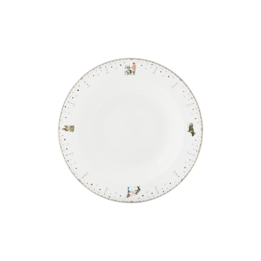 Porsgrunds Porselænsfabrik Juledrøm Element dyp tallerken på 23 cm med hvit glasur, sølvbord og nostalgiske julemotiver