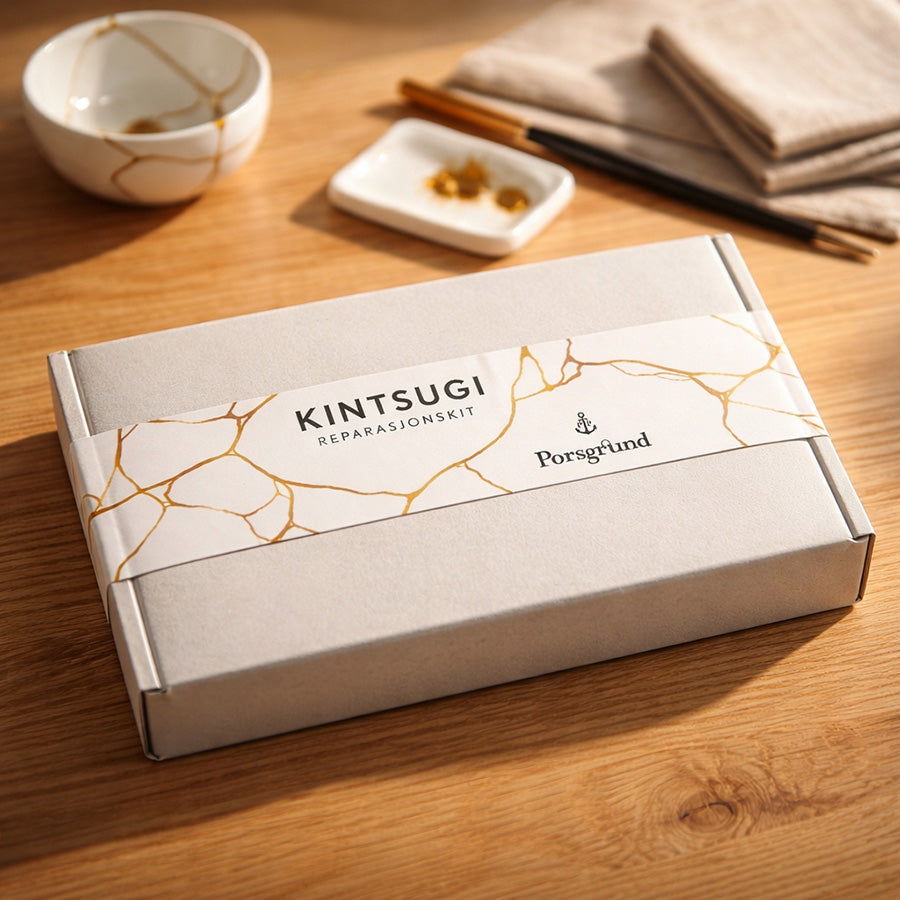 Kintsugi kit fra Porsgrunds Porselænsfabrik, vist sammen med keramiske skåler, ideelt for kreative reparasjoner.