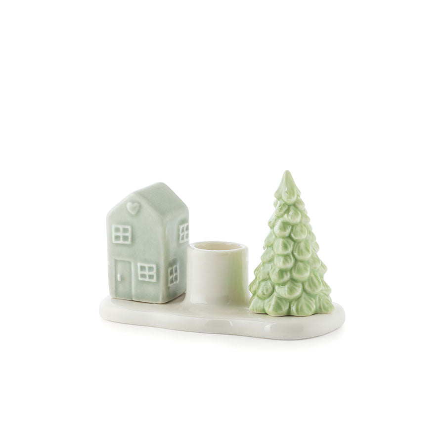 Porsgrunds Porselænsfabrik lysestake med porselenshus og juletre, perfekt for juledekorasjon.