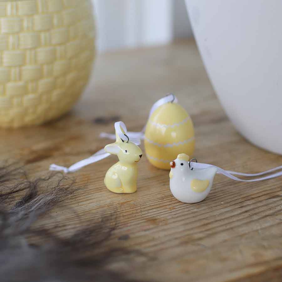Porsgrunds Porselænsfabrik Påskepynt Høne, Hare, Egg 3pk Gul