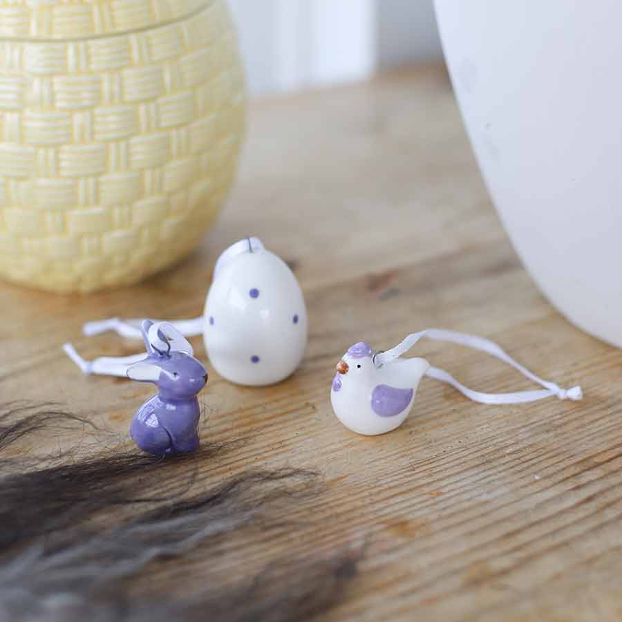 Porsgrunds Porselænsfabrik Påskepynt Høne, Hare, Egg 3pk Lilla