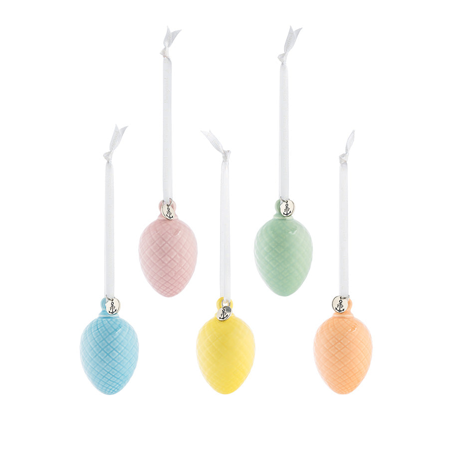 Fargerike porselensegg i en 5-pakning med pastellfarger som gul, rosa, grønn og blå. Perfekte for påskedekorasjon.